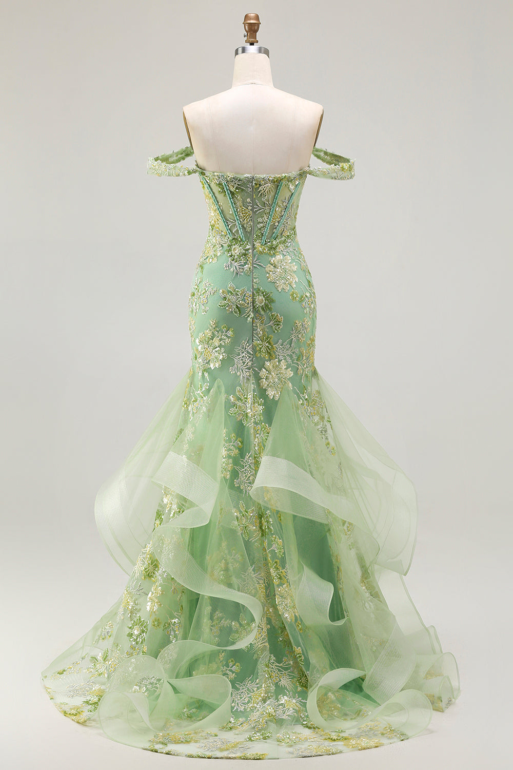 Sparkly Floral Green Long Corset Mermaid Prom Dress with Ruffles