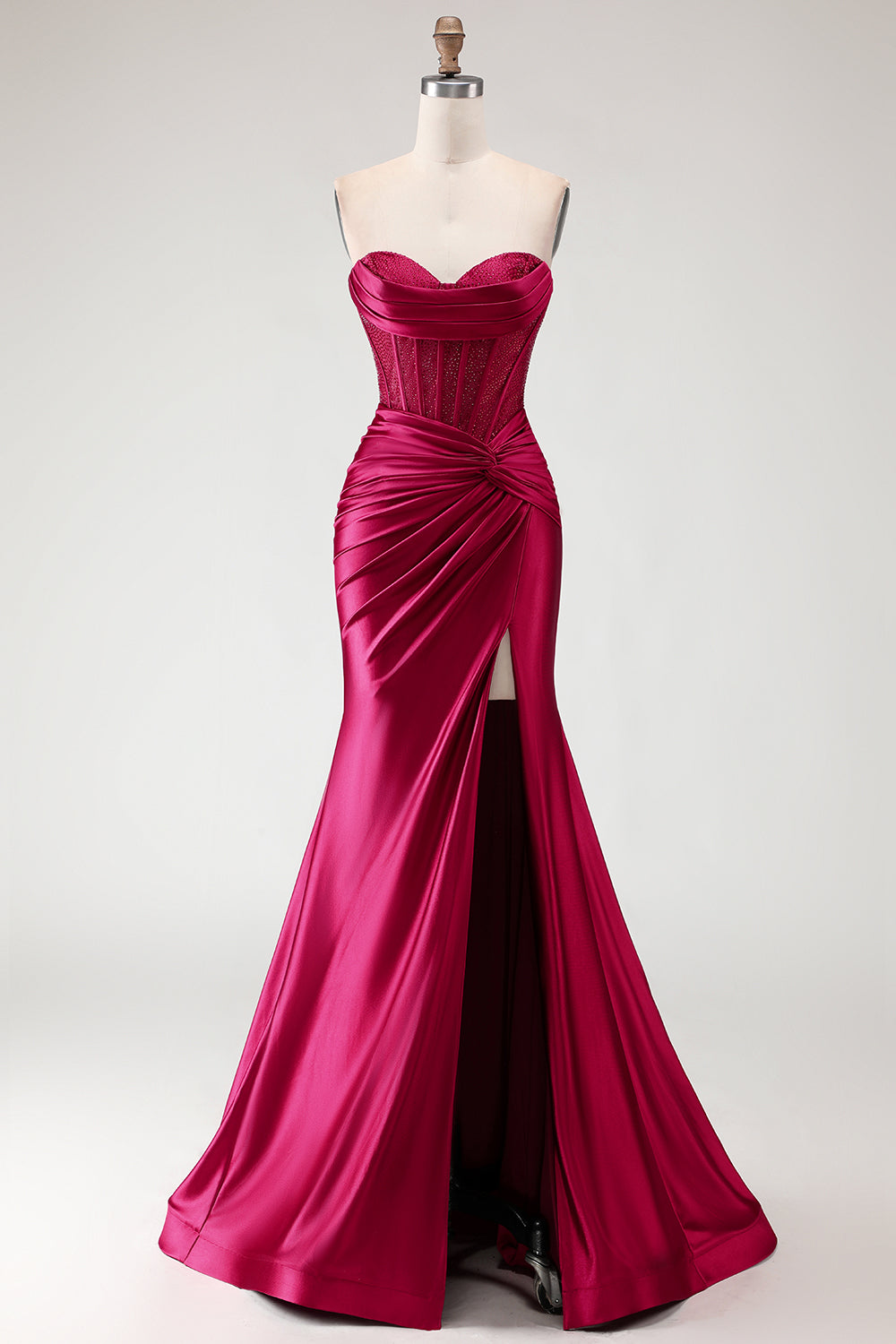 Burgundy Mermaid Satin Corset Long Prom Dress with Slit