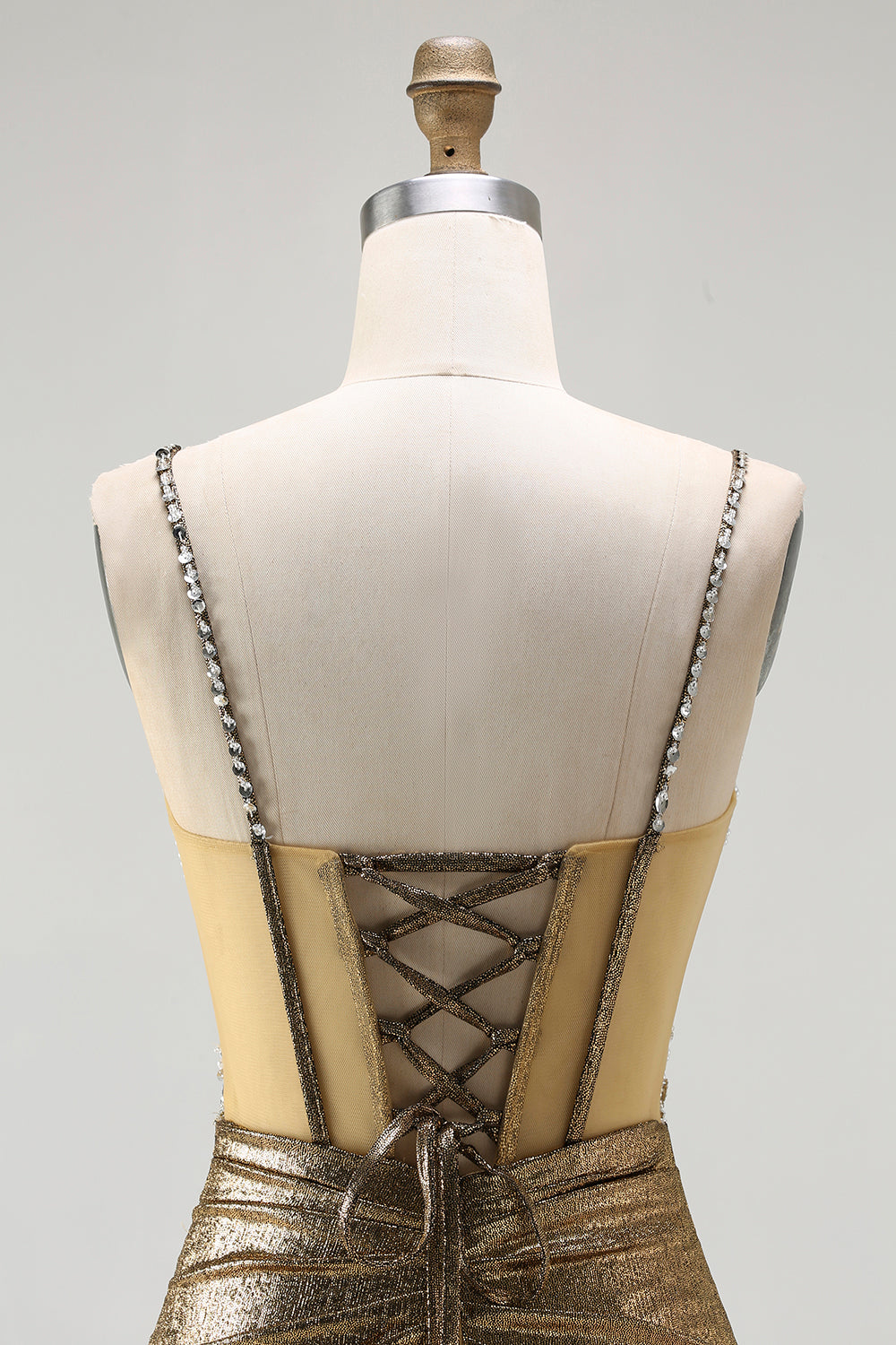 Metallic Golden Mermaid Beaded Long Corset Prom Dress with Slit