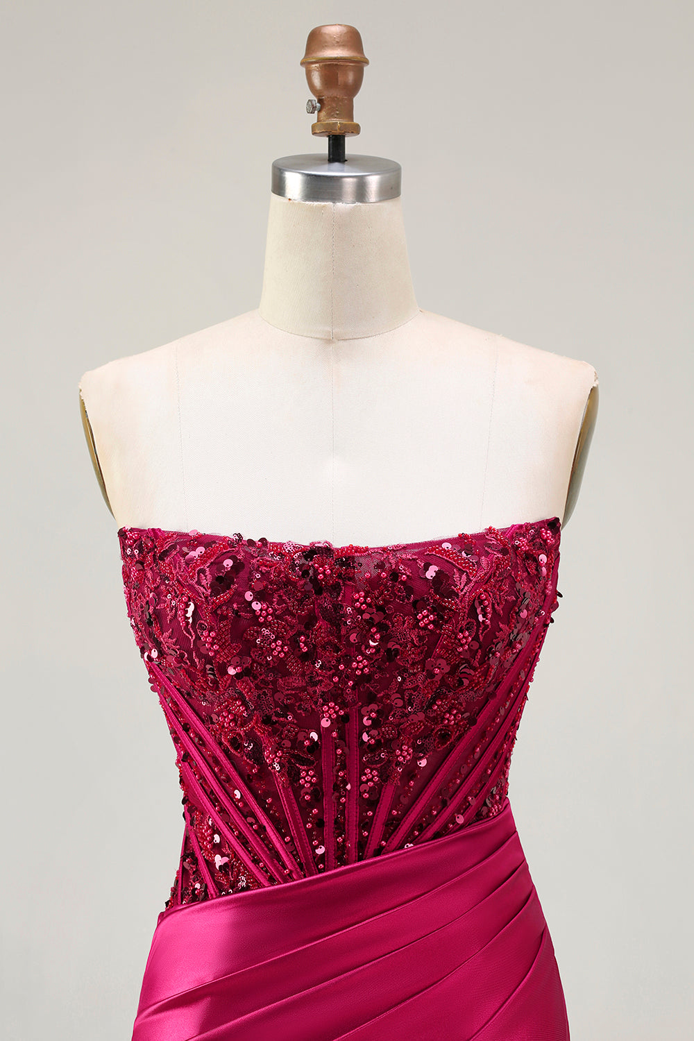 Sparkly Burgundy Beaded Mermaid Long Corset Prom Dress with Slit