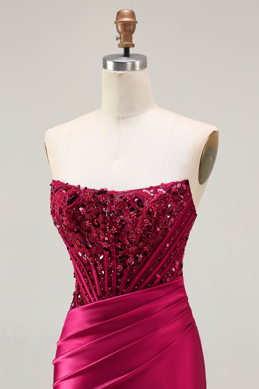 Sparkly Burgundy Beaded Mermaid Long Corset Prom Dress with Slit