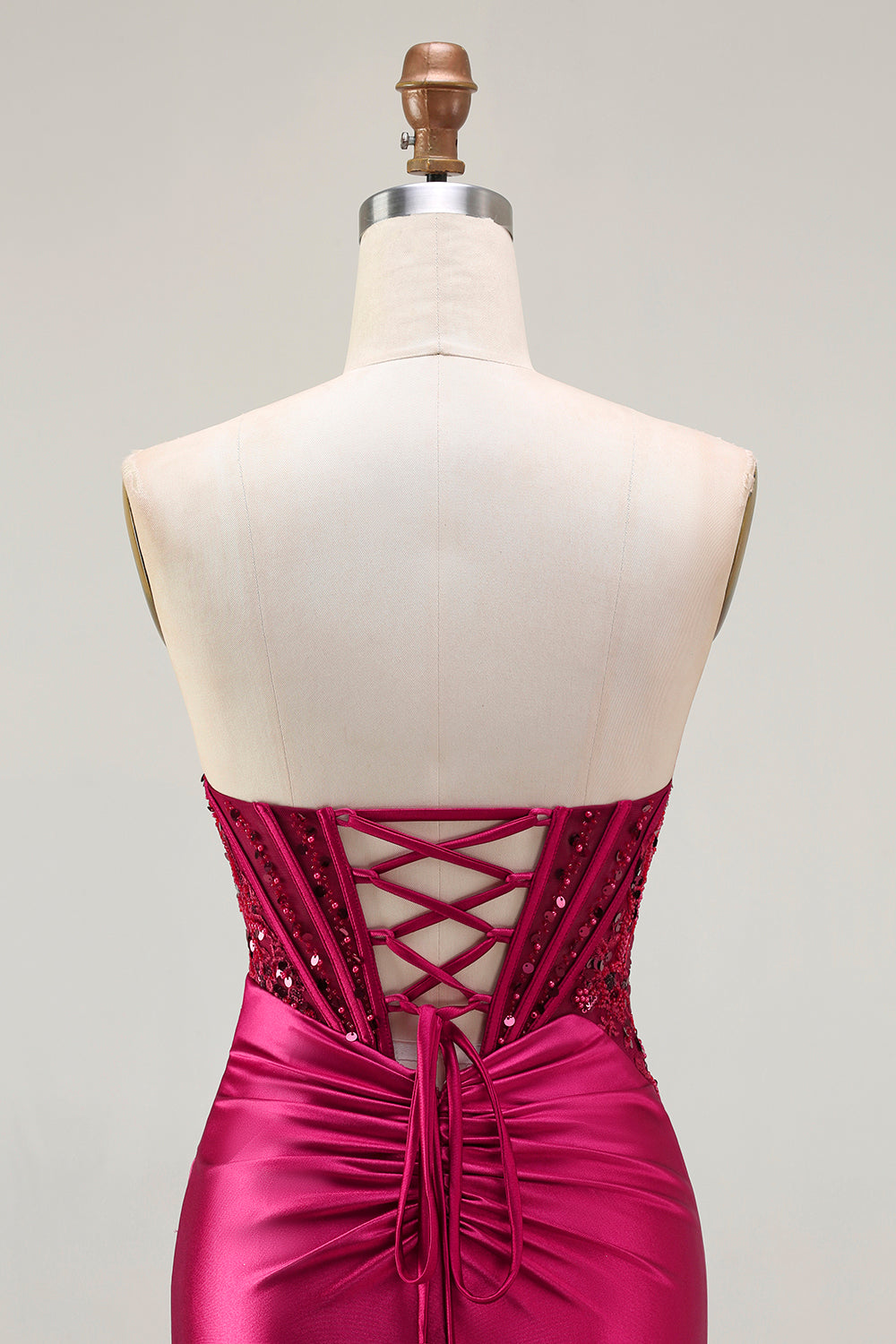 Sparkly Burgundy Beaded Mermaid Long Corset Prom Dress with Slit