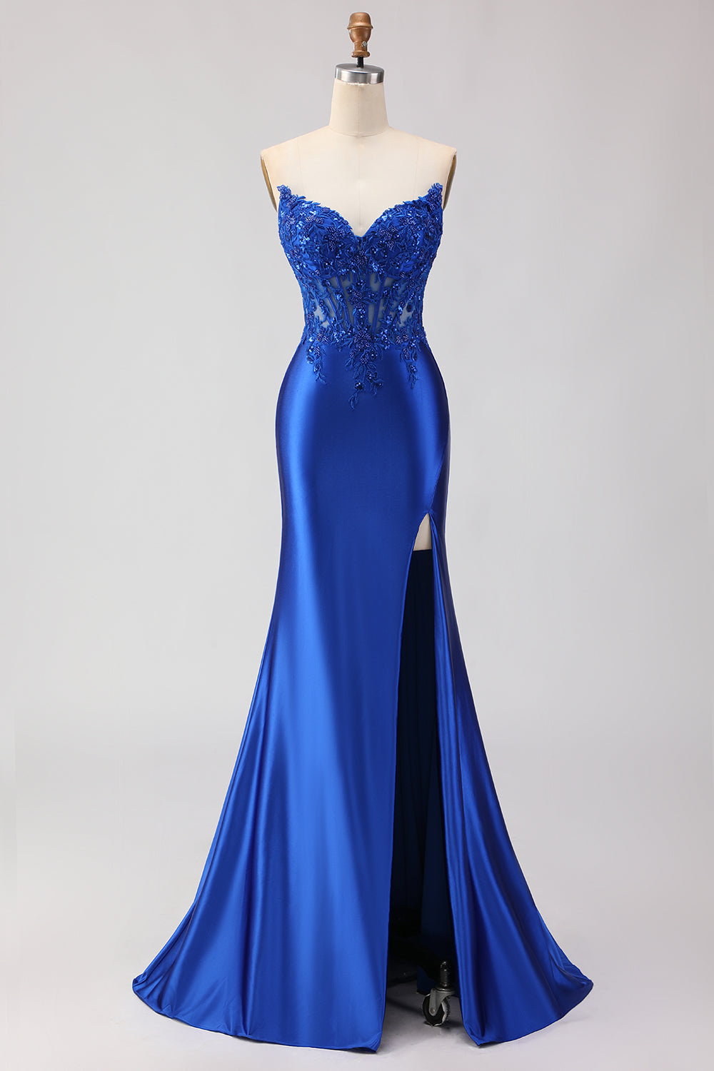 Sparkly Royal Blue Mermaid Appliqued Corset Long Prom Dress with Slit