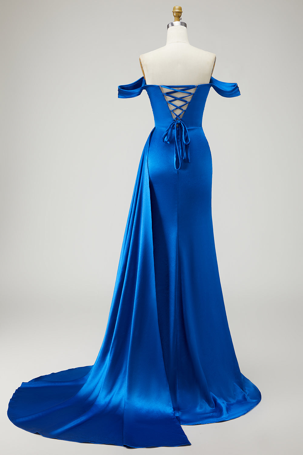 Sparkly Royal Blue Mermaid Off the Shoulder Long Satin Prom Dress with Slit