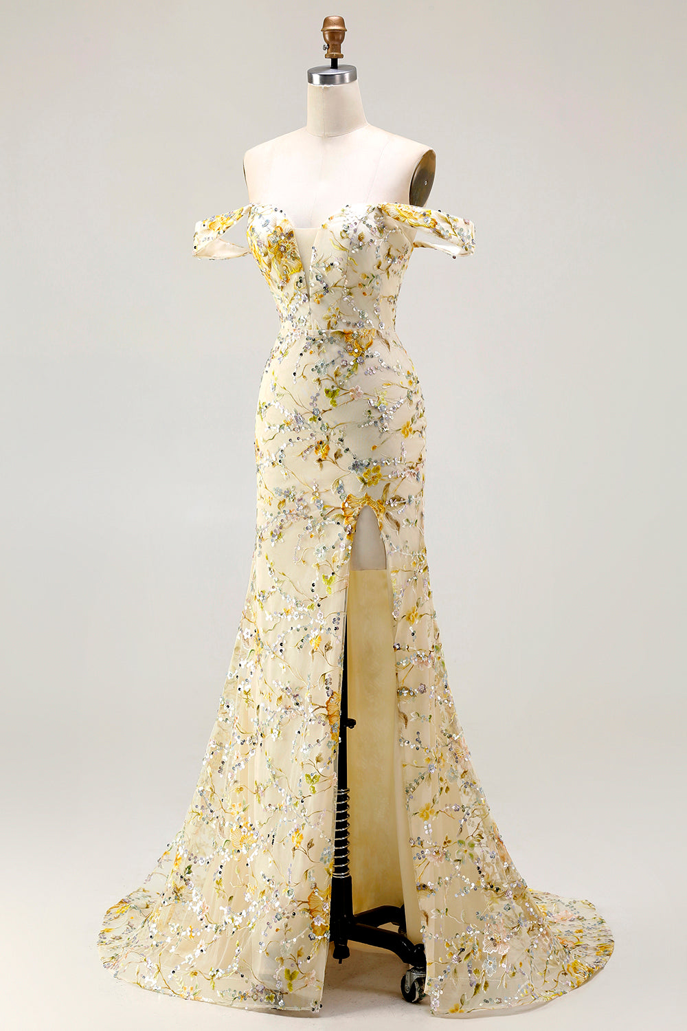 Yellow Floral Mermaid Long Prom Dress with Embroidery