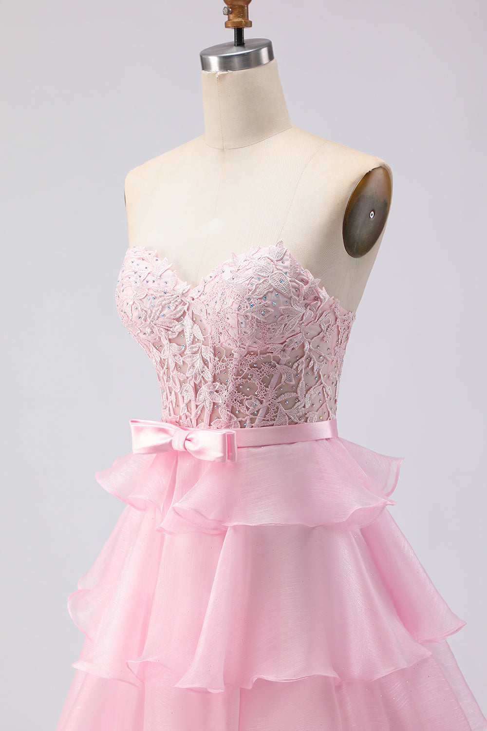 Pink Sweetheart Ruffled A Line Long Corset Prom Dress with Slit