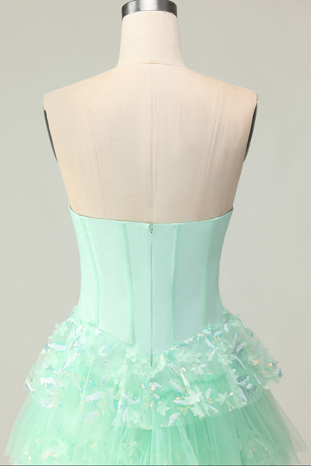 Green Strapless Ruffled Maxi Corset Prom Dress with Bow