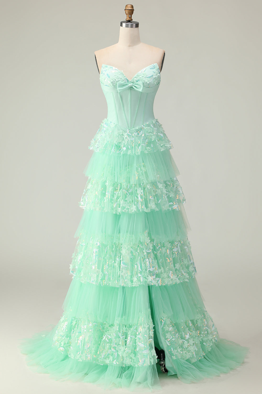 Green Strapless Ruffled Maxi Corset Prom Dress with Bow