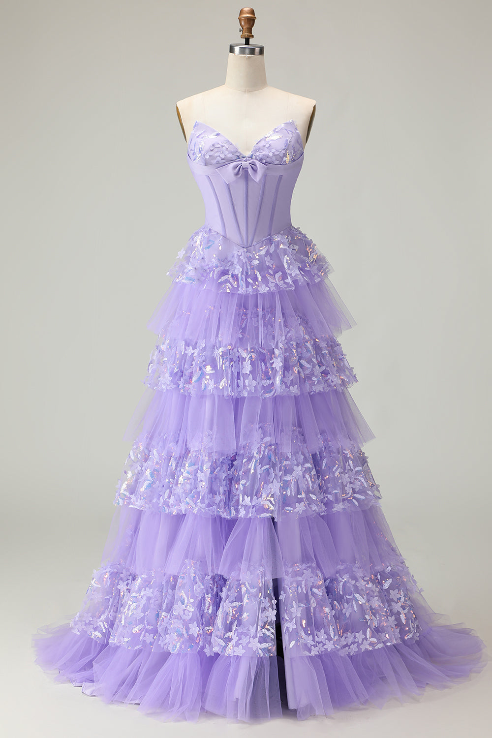 Sparkly Purple A Line Strapless Tiered Long Corset Prom Dress with Butterflies