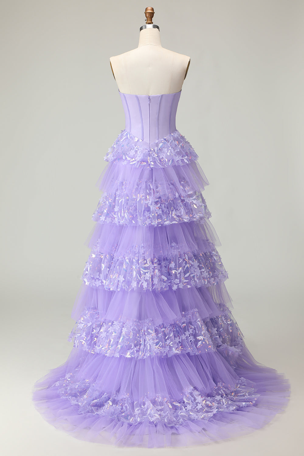 Sparkly Purple A Line Strapless Tiered Long Corset Prom Dress with Butterflies