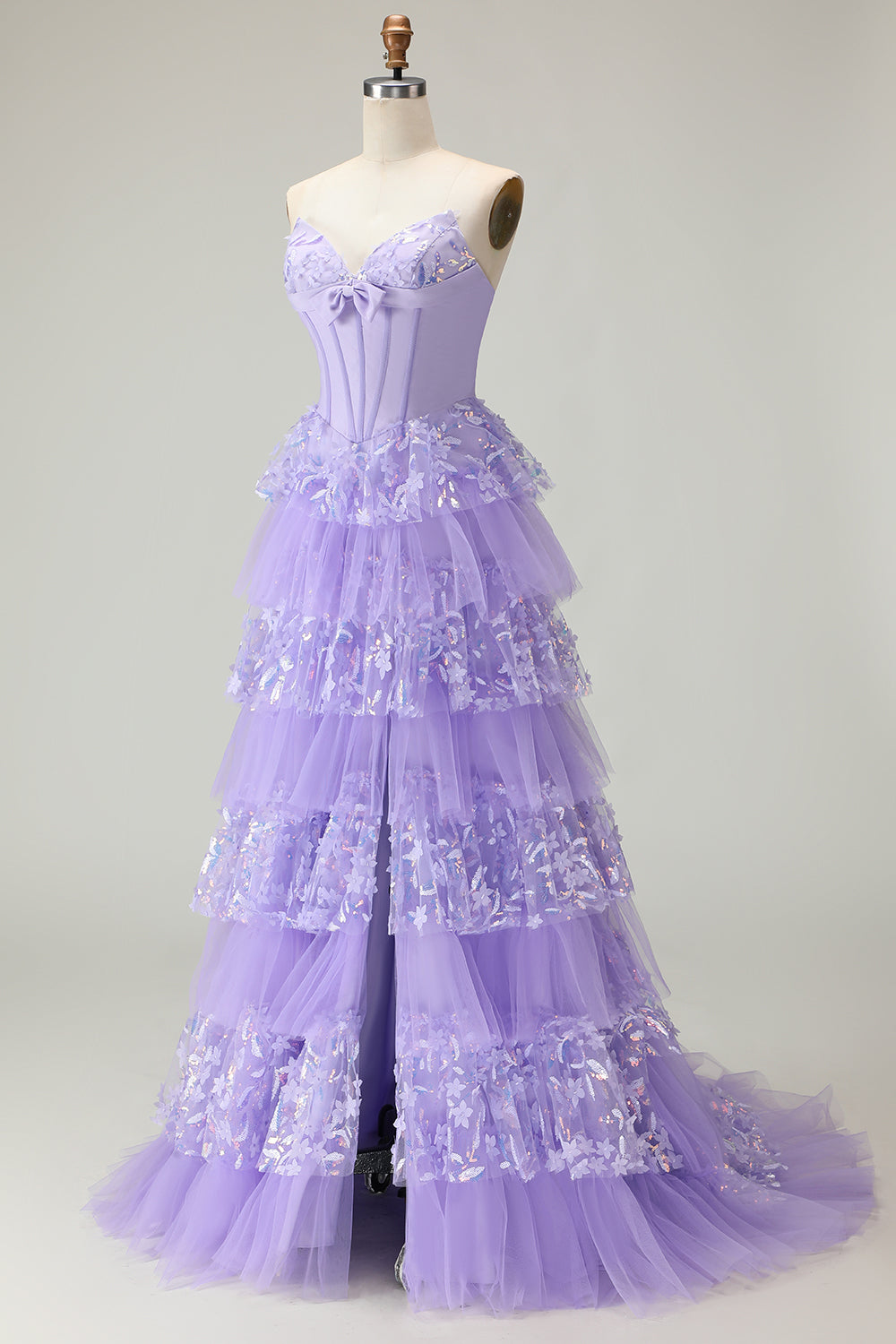 Sparkly Purple A Line Strapless Tiered Long Corset Prom Dress with Butterflies