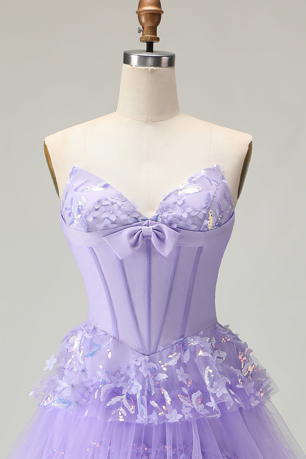 Sparkly Purple A Line Strapless Tiered Long Corset Prom Dress with Butterflies