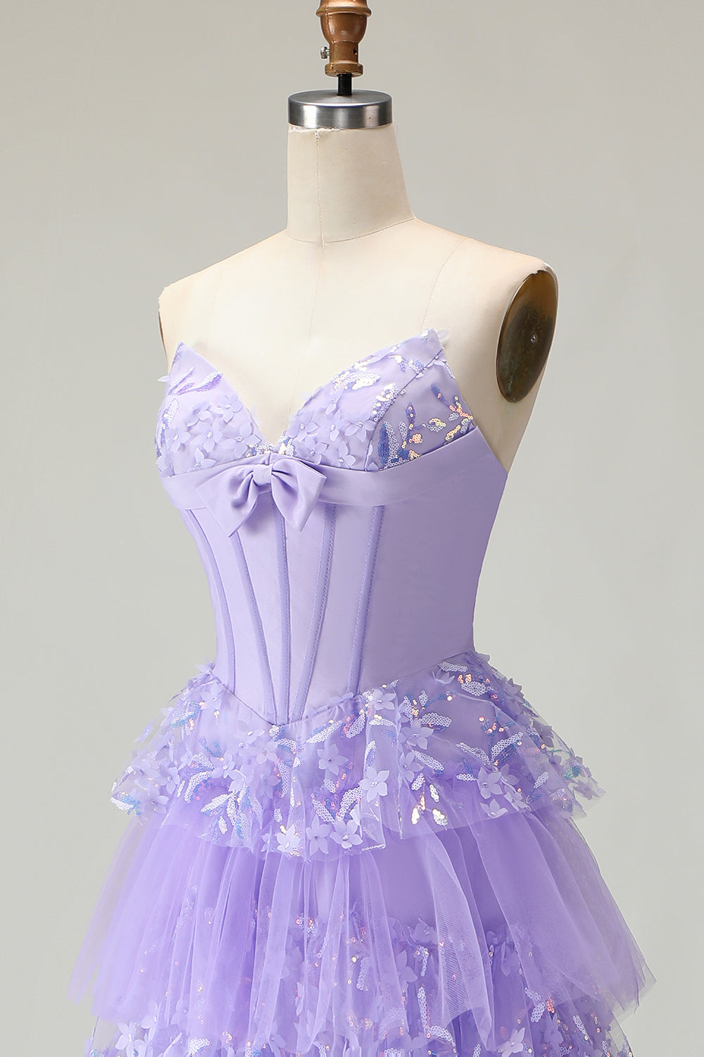 Sparkly Purple A Line Strapless Tiered Long Corset Prom Dress with Butterflies