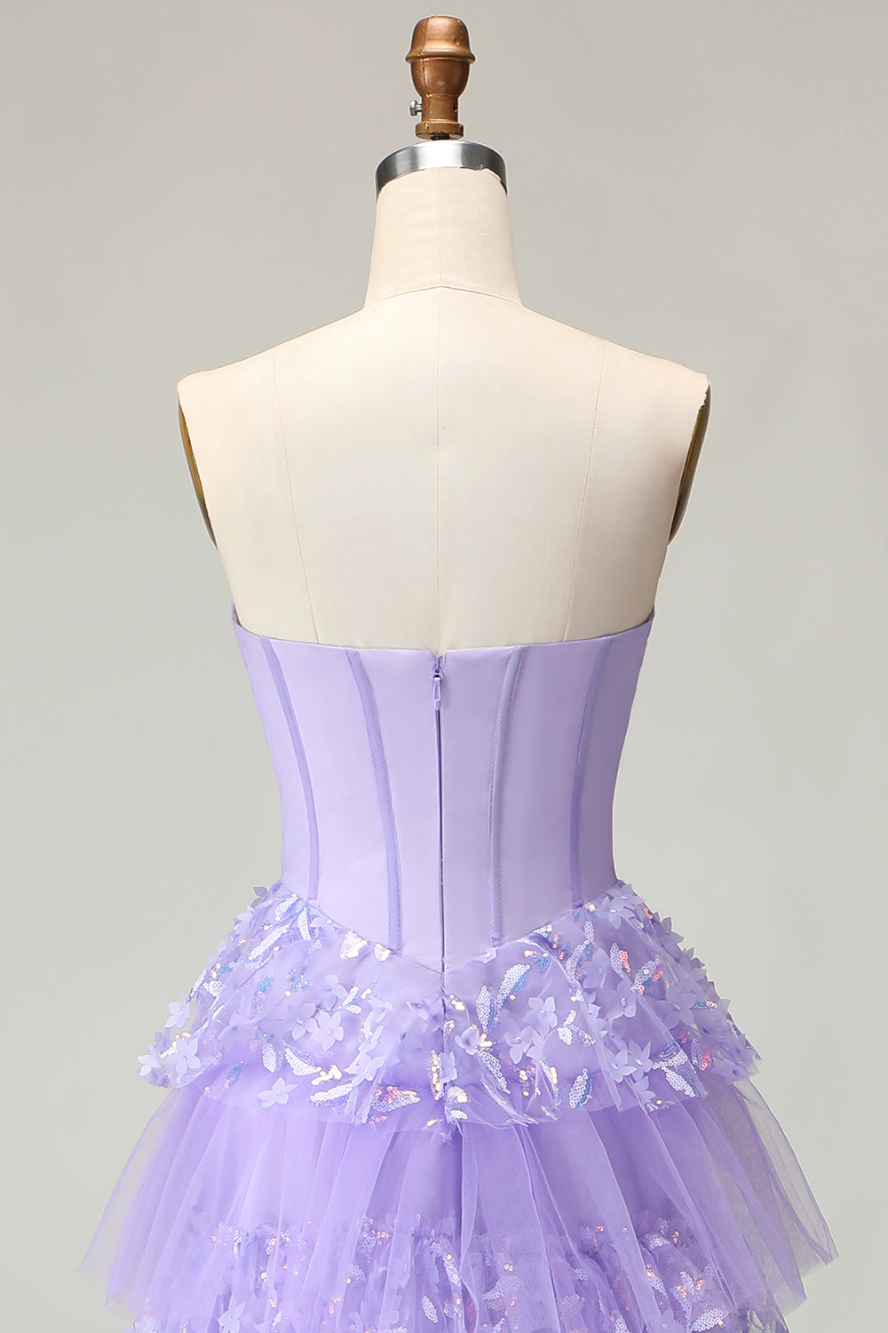 Sparkly Purple A Line Strapless Tiered Long Corset Prom Dress with Butterflies