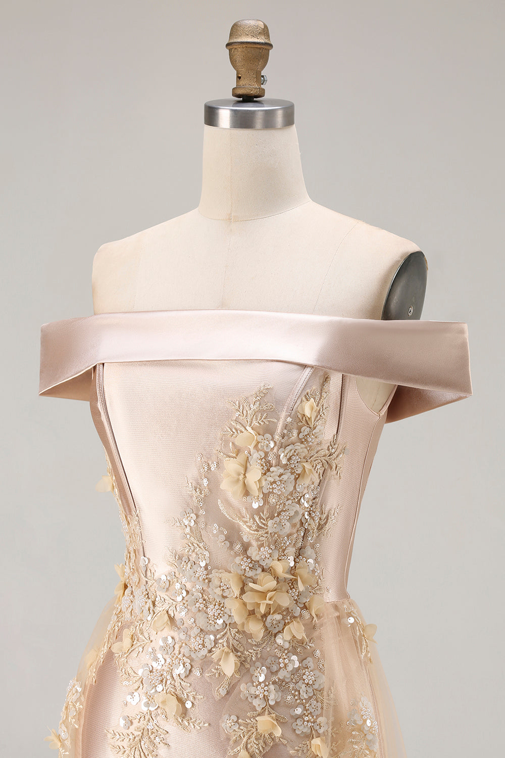 Champagne Off the Shoulder Mermaid Long Prom Dress with Appliques