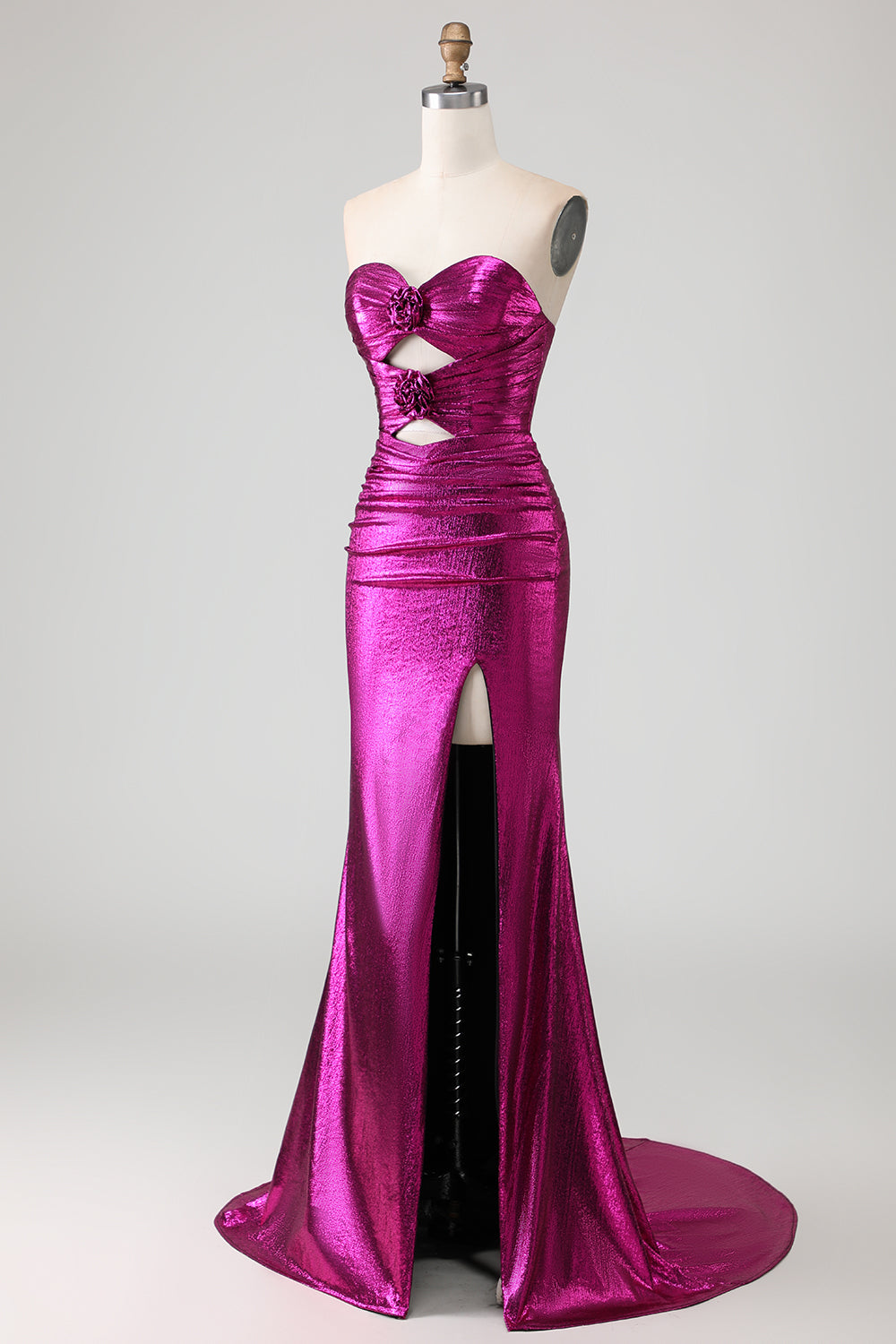 Metallic Fuchsia Mermaid Strapless Keyhole Long Prom Dress with Slit