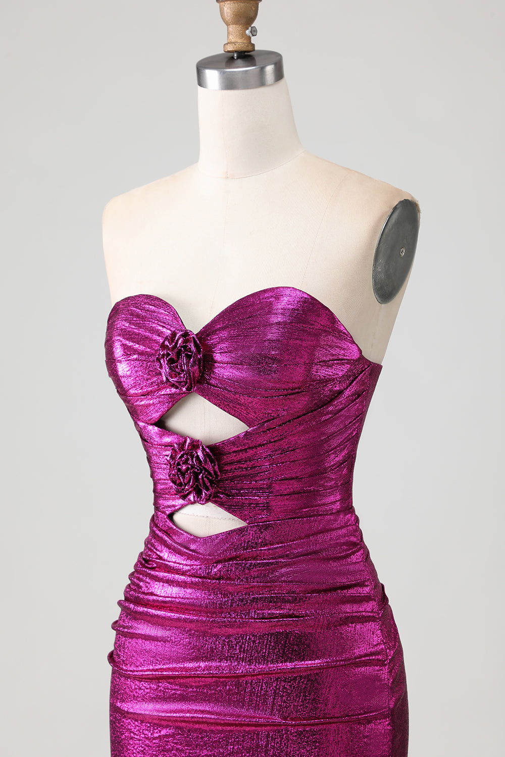 Metallic Fuchsia Mermaid Strapless Keyhole Long Prom Dress with Slit