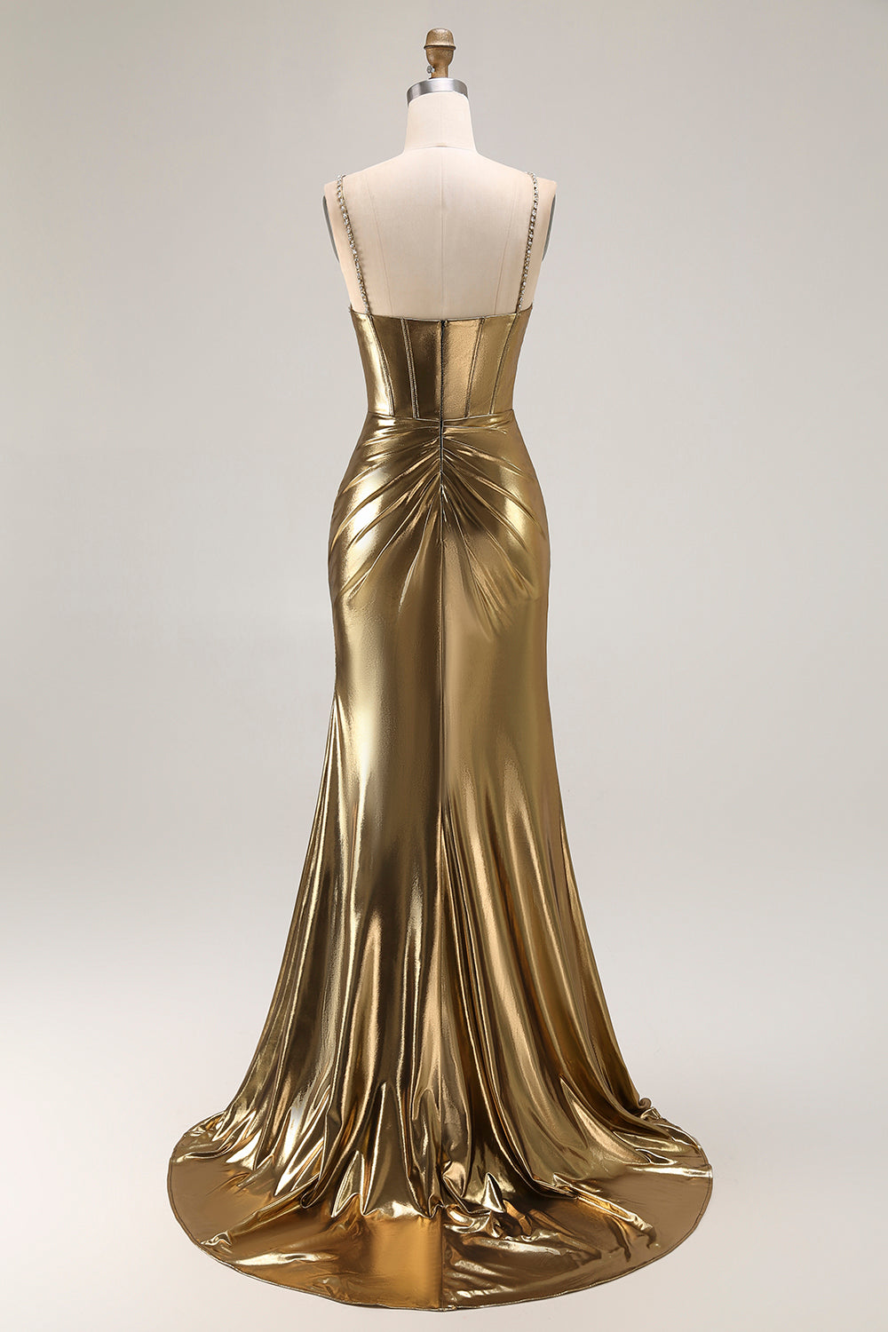 Sparkly Golden Mermaid Corset Long Metallic Prom Dress with Slit