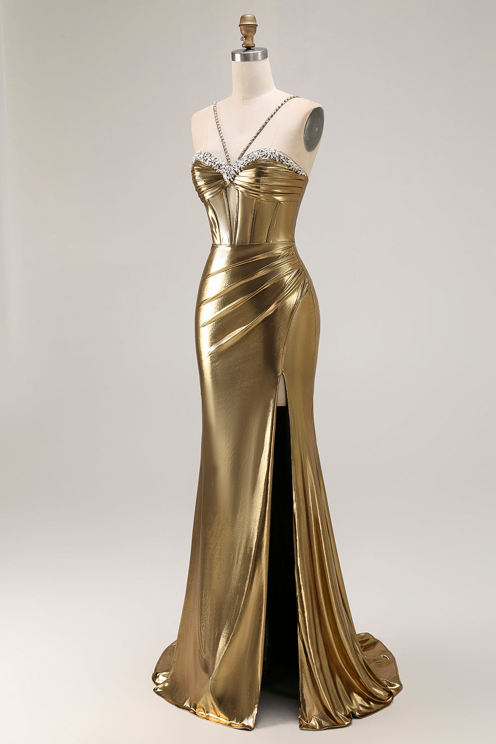 Sparkly Golden Mermaid Corset Long Metallic Prom Dress with Slit