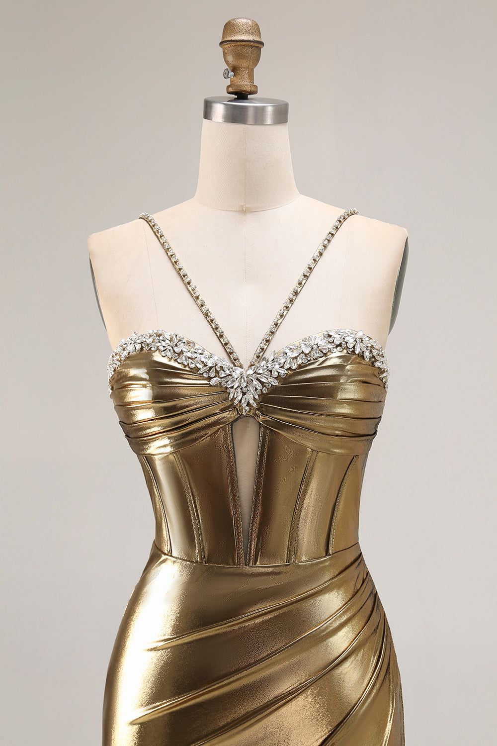 Sparkly Golden Mermaid Corset Long Metallic Prom Dress with Slit