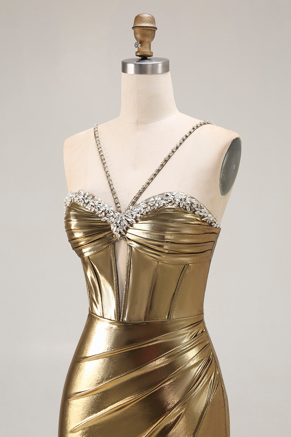 Sparkly Golden Mermaid Corset Long Metallic Prom Dress with Slit