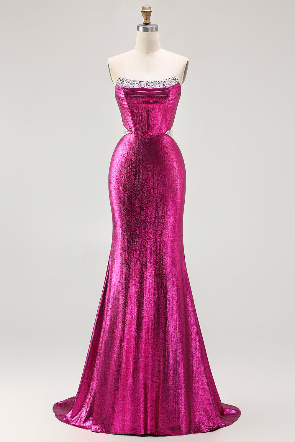Metallic Fuchsia Mermaid Beaded Strapless Long Corset Prom Dress