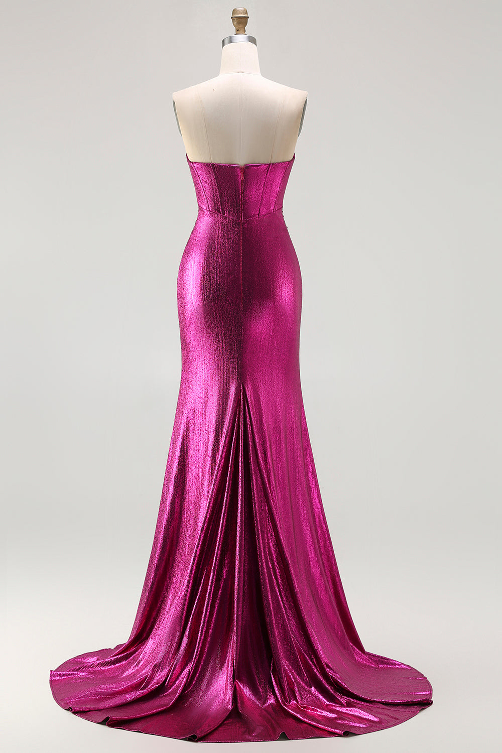 Metallic Fuchsia Mermaid Beaded Strapless Long Corset Prom Dress