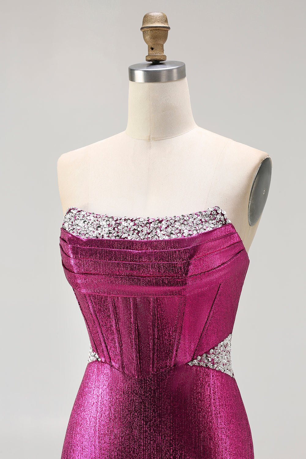 Metallic Fuchsia Mermaid Beaded Strapless Long Corset Prom Dress
