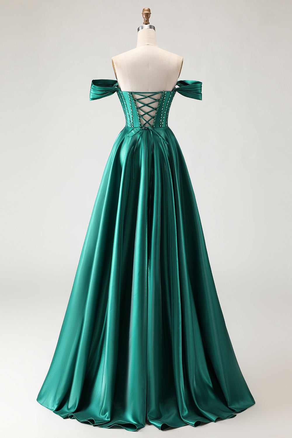 Sparkly Dark Green A Line Long Corset Prom Dress with Slit