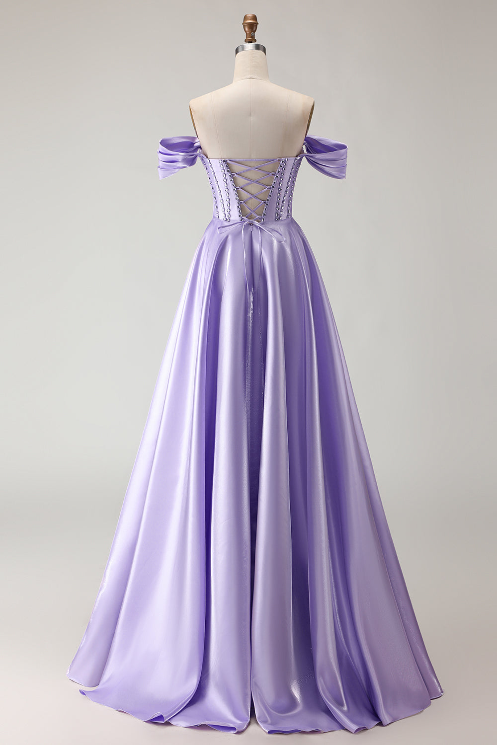 Sparkly Purple Satin Beaded A Line Corset Long Prom Dress with Slit