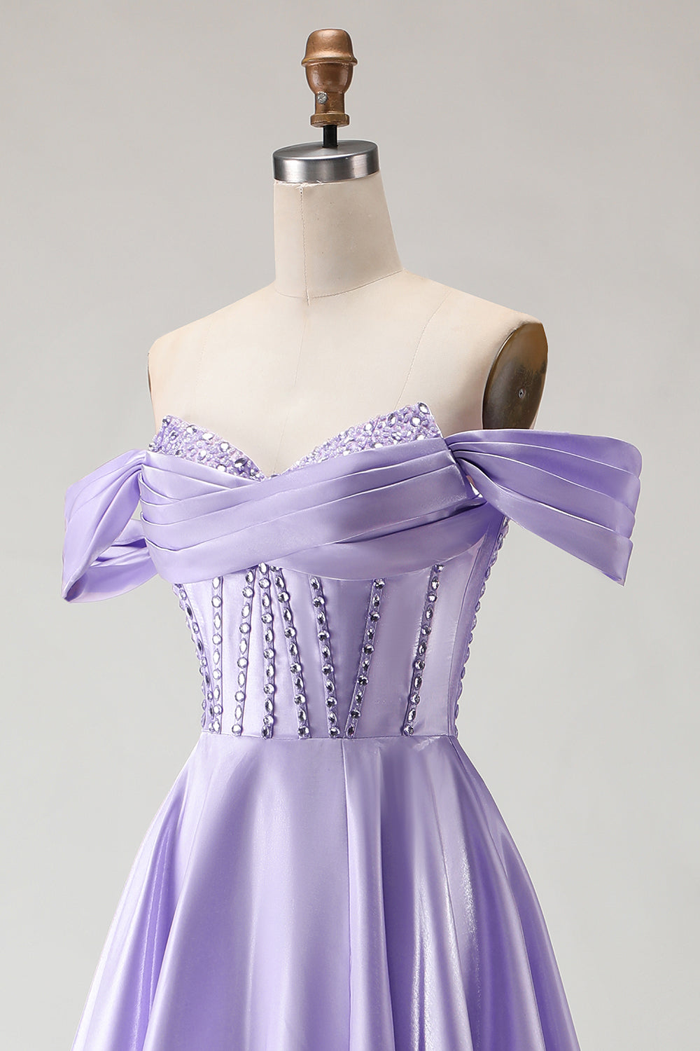 Sparkly Purple Satin Beaded A Line Corset Long Prom Dress with Slit