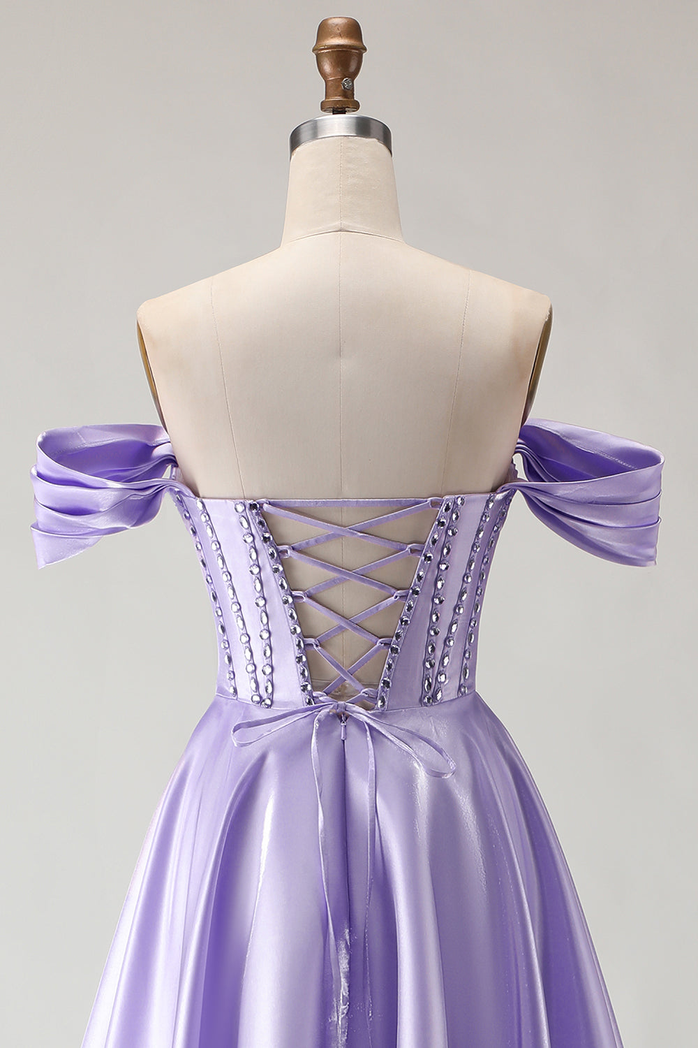 Sparkly Purple Satin Beaded A Line Corset Long Prom Dress with Slit