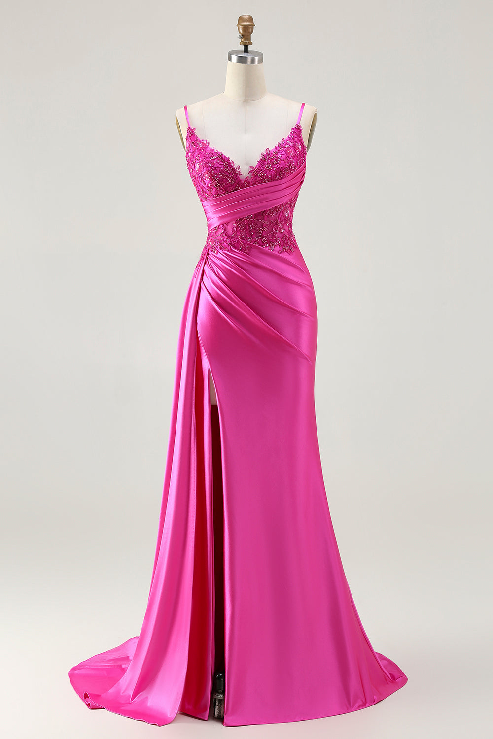 Sparkly Fuchsia Mermaid Spaghetti Straps Long Prom Dress with Slit
