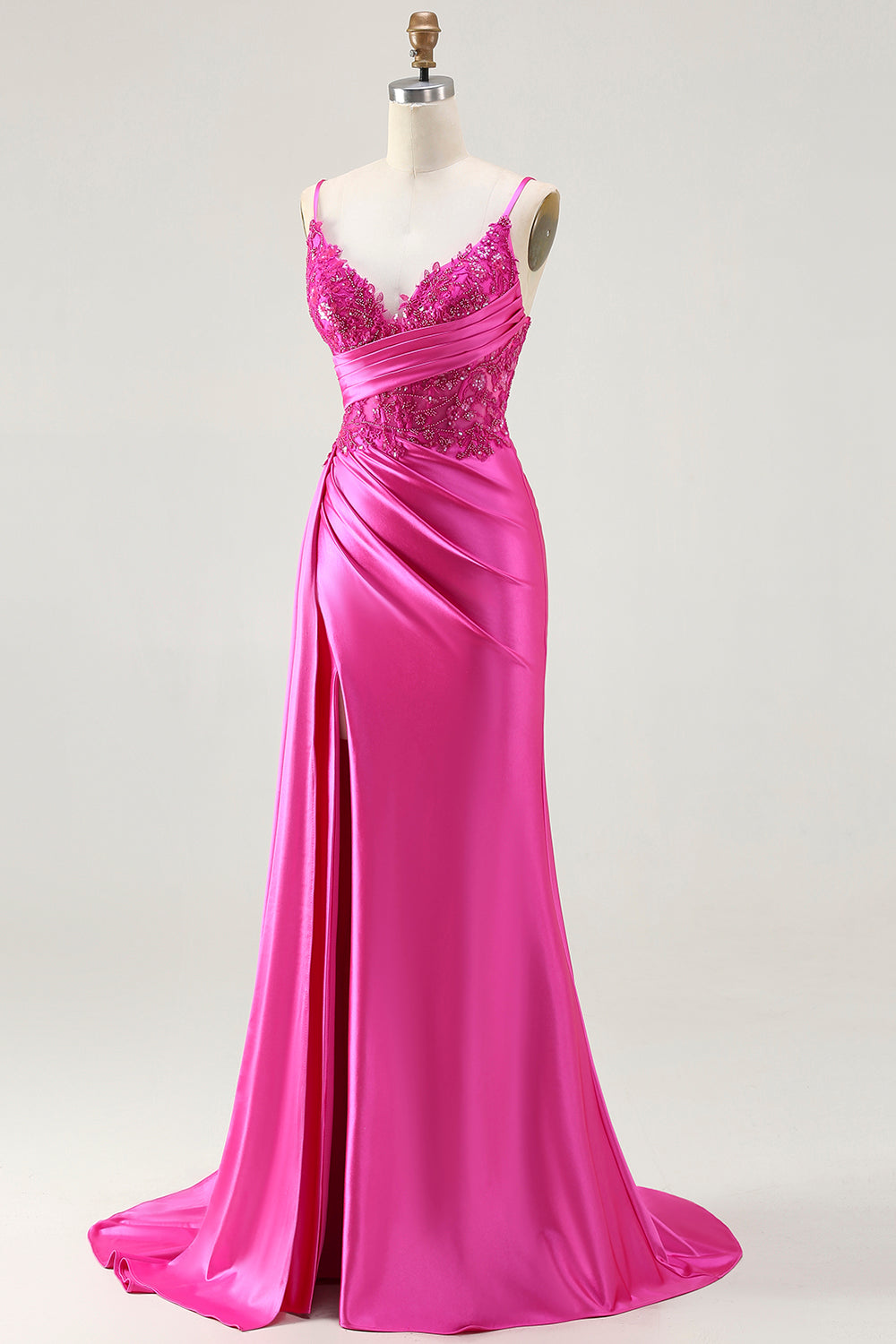 Sparkly Fuchsia Mermaid Spaghetti Straps Long Prom Dress with Slit