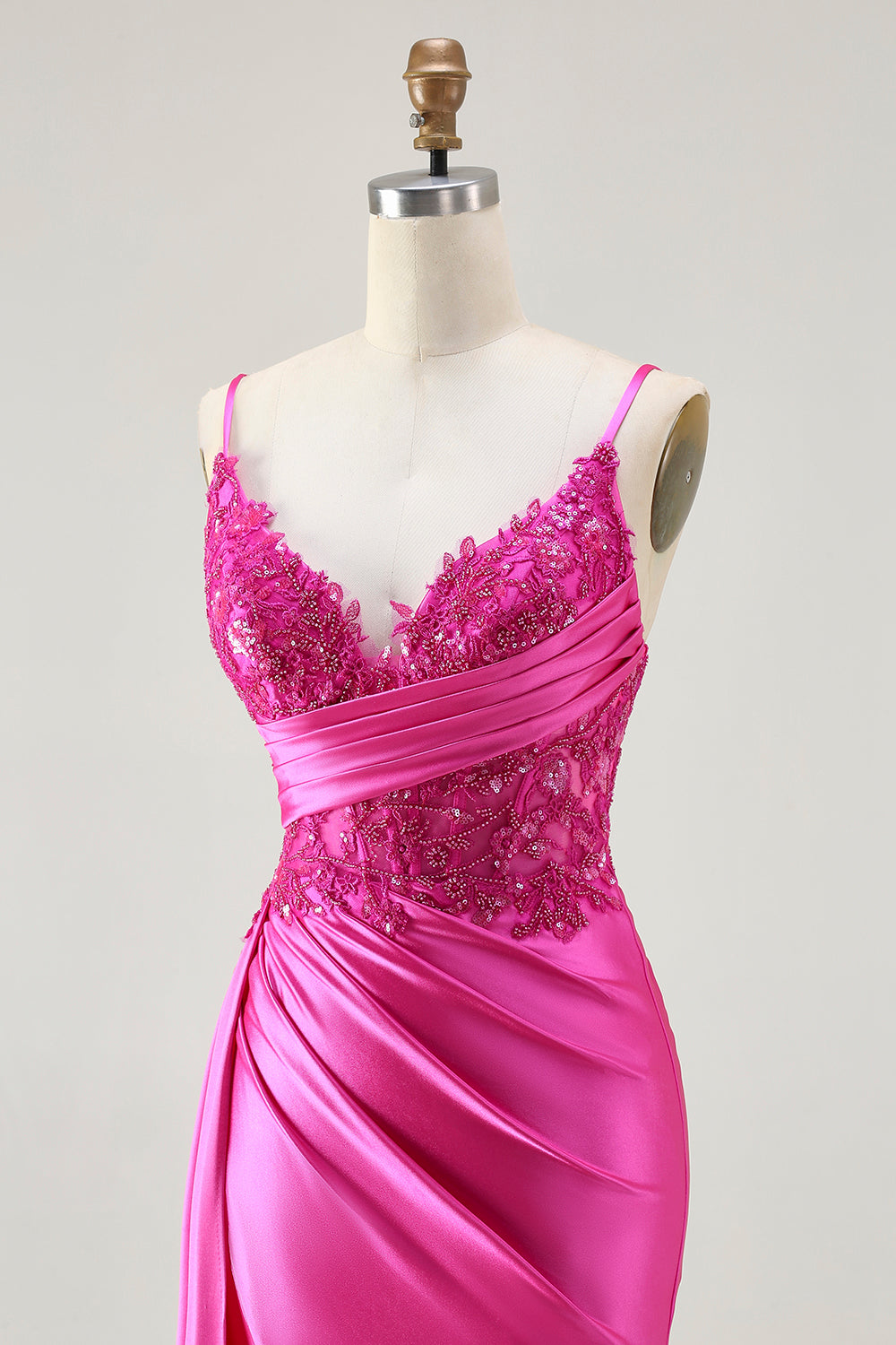 Sparkly Fuchsia Mermaid Spaghetti Straps Long Prom Dress with Slit