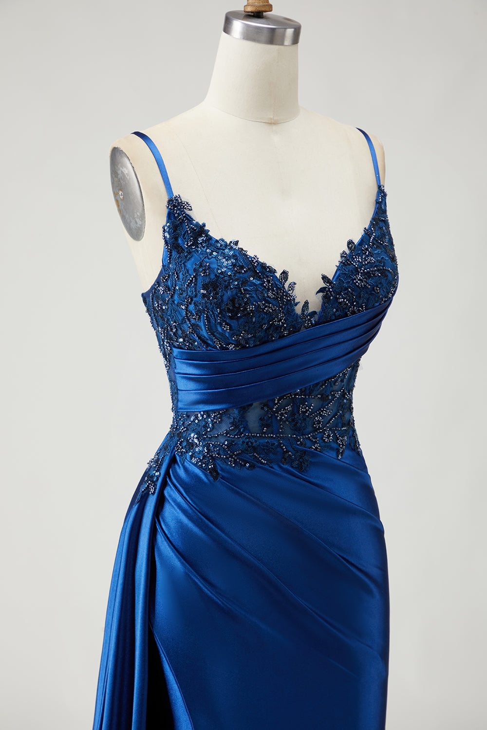 Sparkly Navy Satin Mermaid Spaghetti Straps Long Beaded Prom Dress with Slit