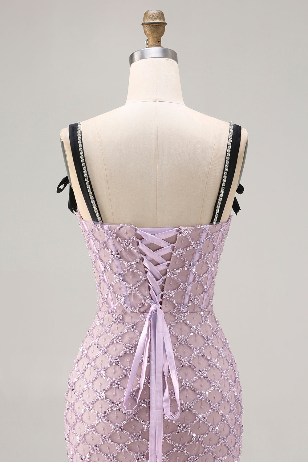 Sparkly Lilac Mermaid Sequins Bow Tie Straps Long Prom Dress with Slit