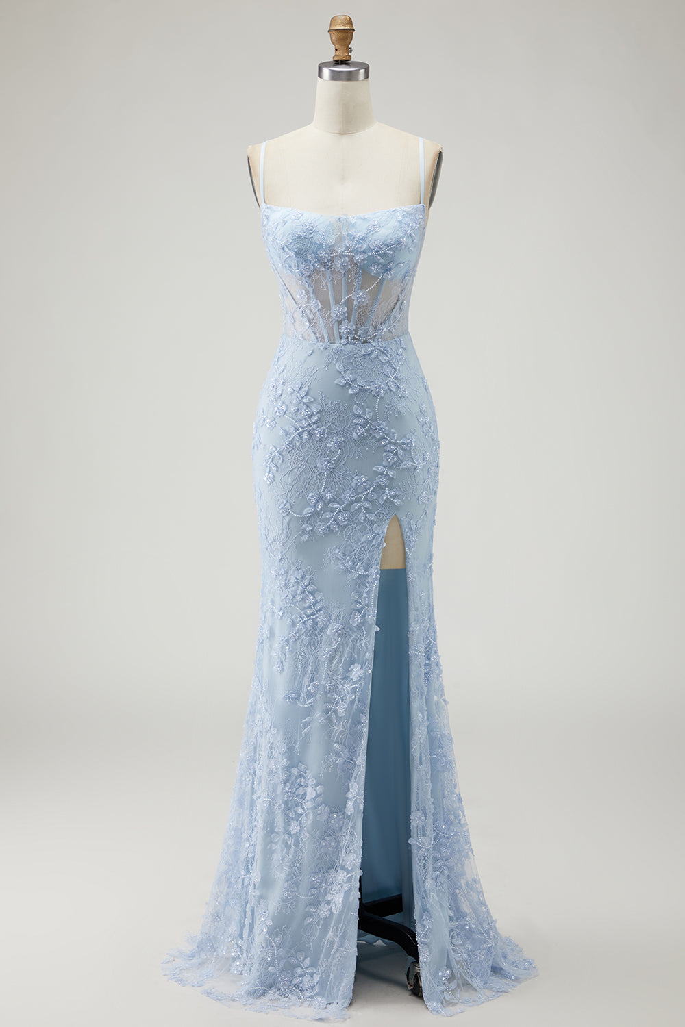 Floral Blue Mermaid Appliqued Long Corset Prom Dress with Slit