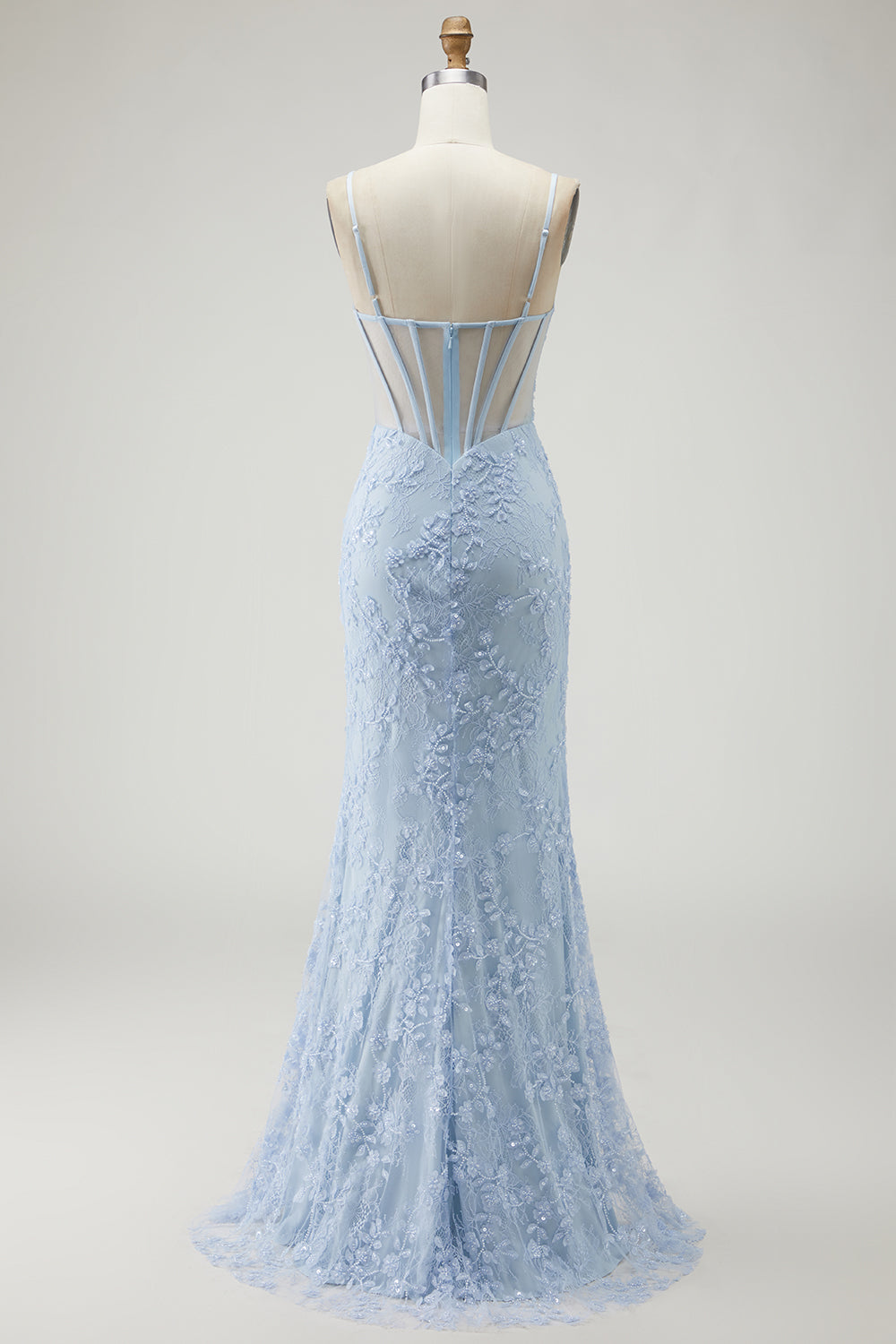 Floral Blue Mermaid Appliqued Long Corset Prom Dress with Slit