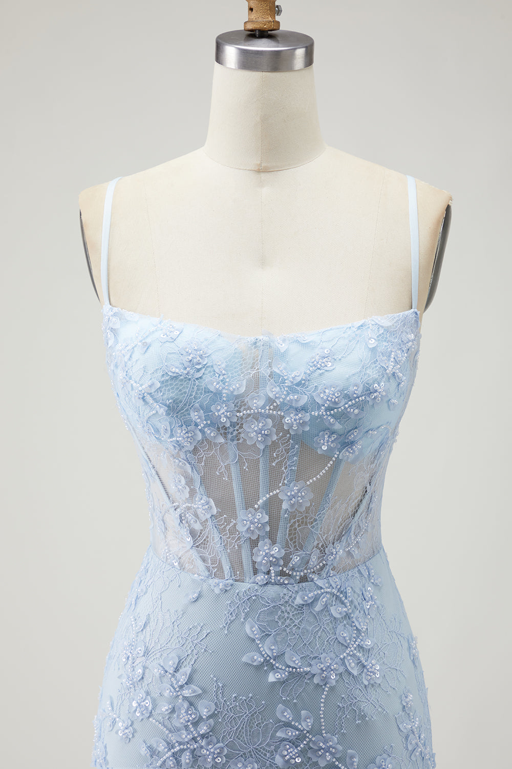 Floral Blue Mermaid Appliqued Long Corset Prom Dress with Slit