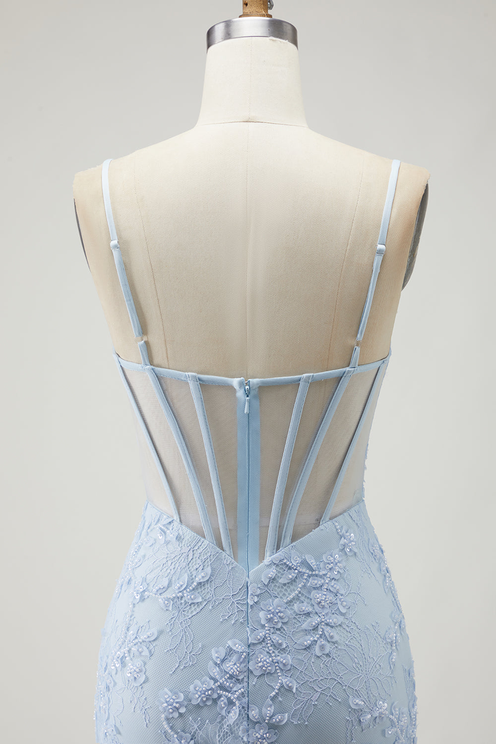 Floral Blue Mermaid Appliqued Long Corset Prom Dress with Slit