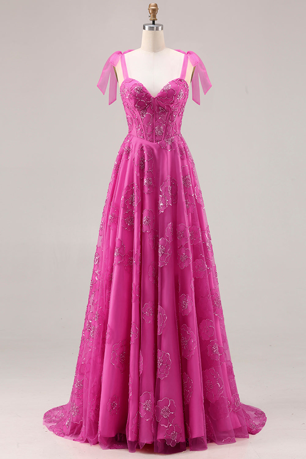 Floral Fuchsia A Line Corset Long Prom Dress with Beading