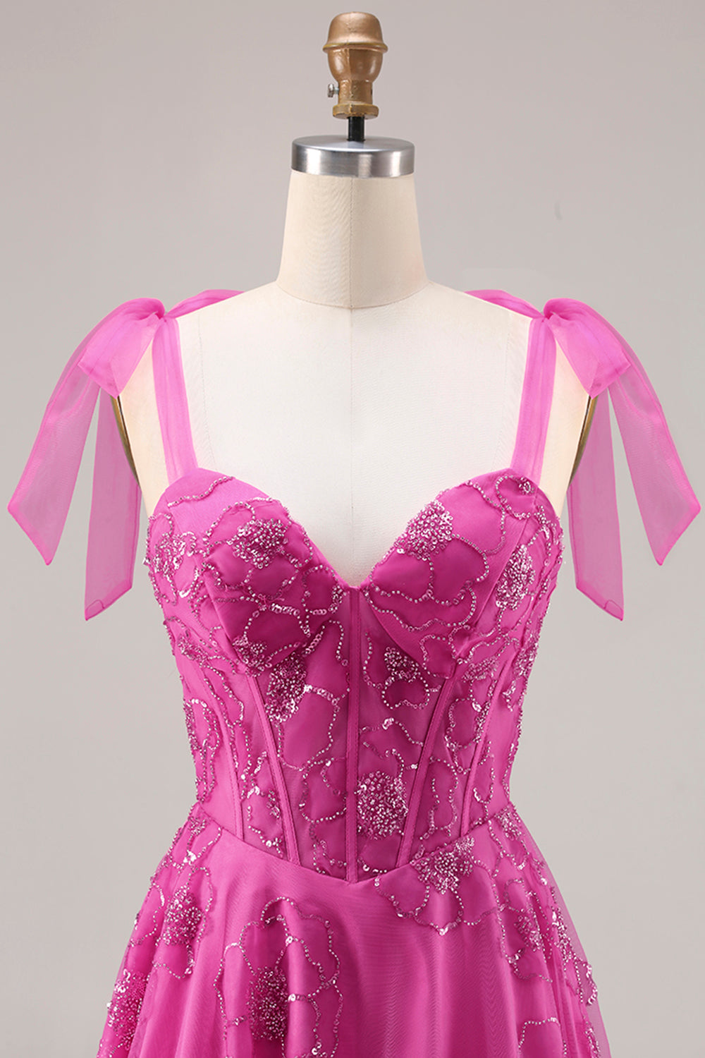 Floral Fuchsia A Line Corset Long Prom Dress with Beading