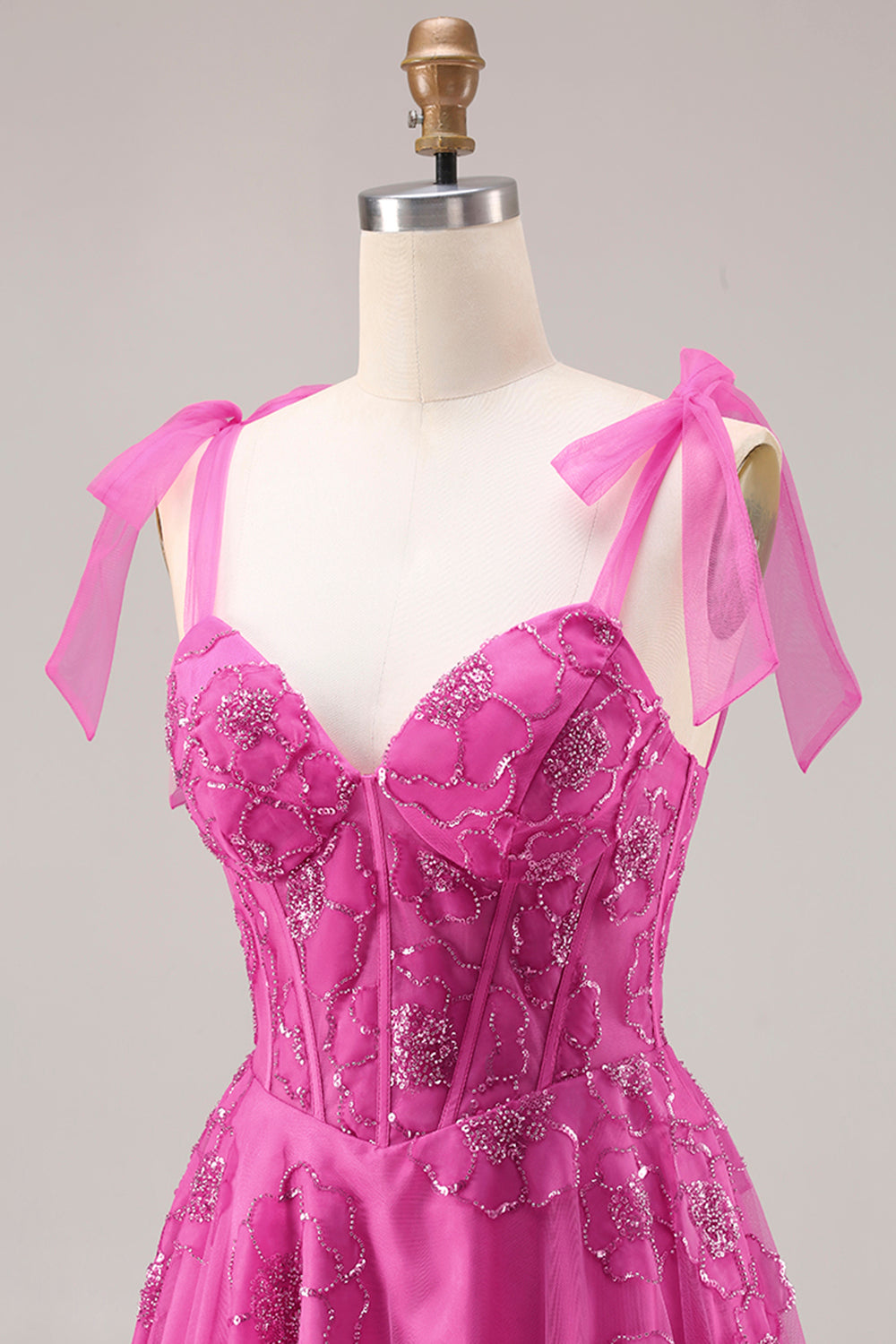 Floral Fuchsia A Line Corset Long Prom Dress with Beading