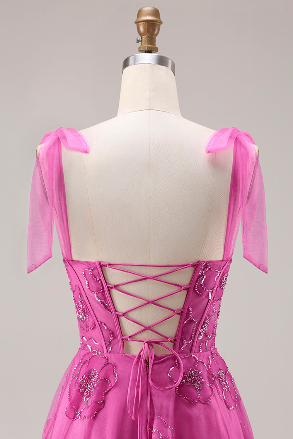 Floral Fuchsia A Line Corset Long Prom Dress with Beading