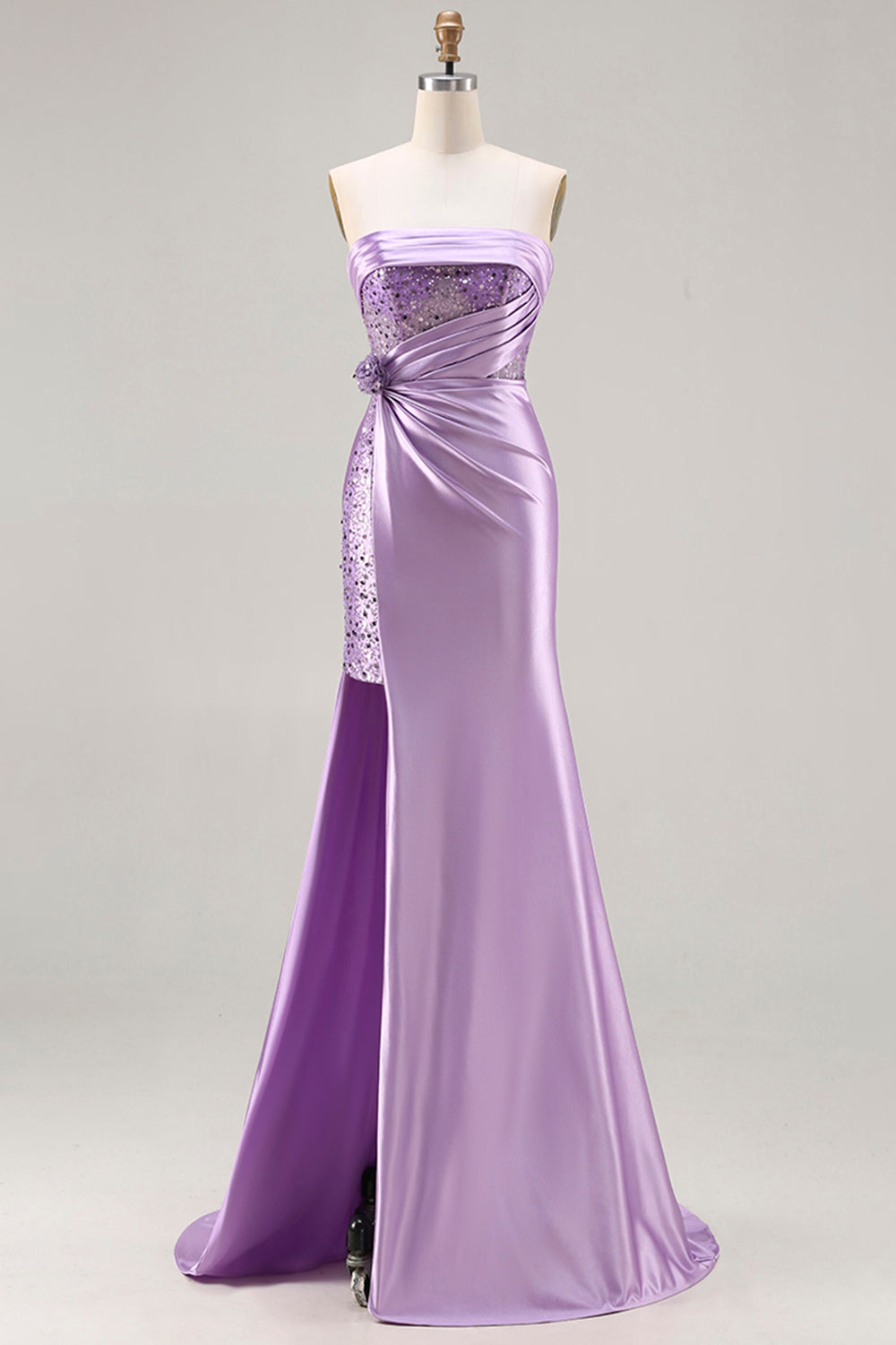 Sparkly Purple Ruched Mermaid Corset Long Prom Dress with Slit