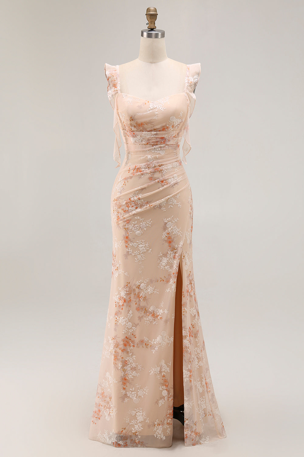 Floral Champagne Mermaid Ruched Long Wedding Guest Dress with Slit