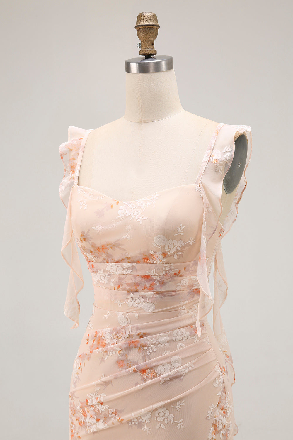 Floral Champagne Mermaid Ruched Long Wedding Guest Dress with Slit