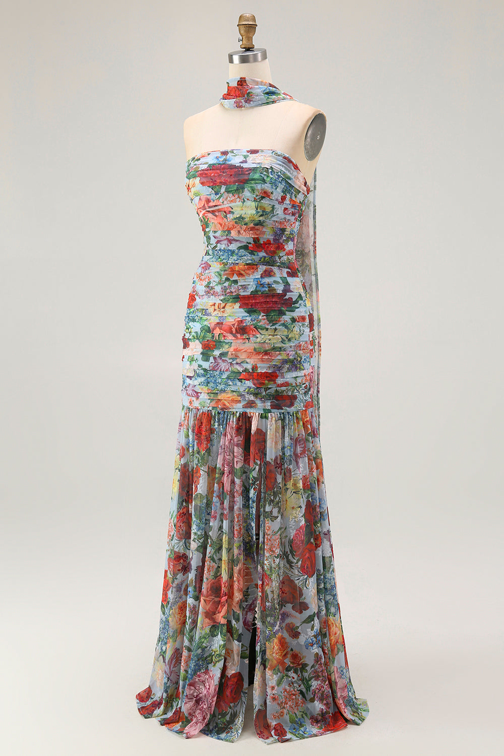 Floral Blue Red Neck Scarf Ruched Long Wedding Guest Dress with Slit