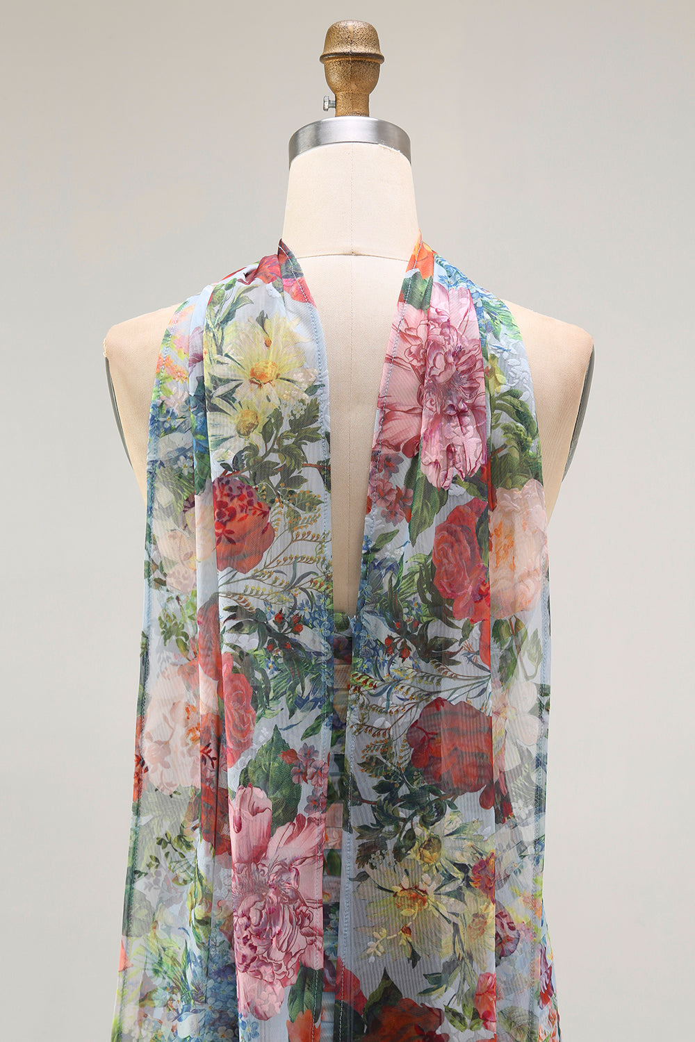 Floral Blue Red Neck Scarf Ruched Long Wedding Guest Dress with Slit